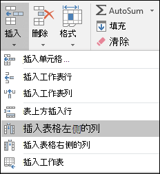 若要從開始選項卡中添加表格列，請單擊箭頭插入 > 左側(cè)插入表格列。