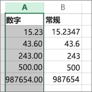 數(shù)字使用“數(shù)值”和“常規(guī)”之類不同格式時(shí)如何顯示的示例。