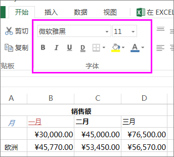 功能区上的字体设置按钮