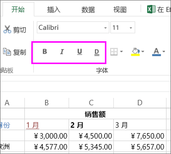 用于更改单元格中的字形的“字体”按钮组