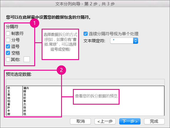 在向导的第 2 步，在“分隔符”下选择数据的分隔方式；你将可以在“预览”下看到数据的预览