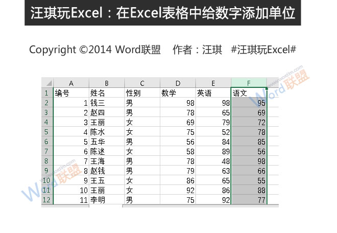 王琦使用Excel:为Excel表格中的数字添加单位