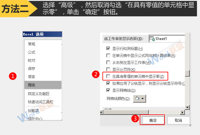 取消勾选“在具有零值的单元格中显示零”