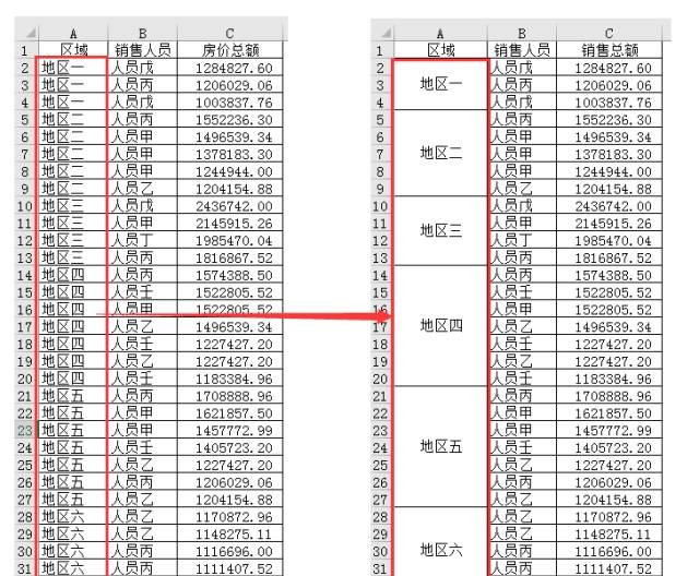 巧用excel数据透视表批量生成合并单元格