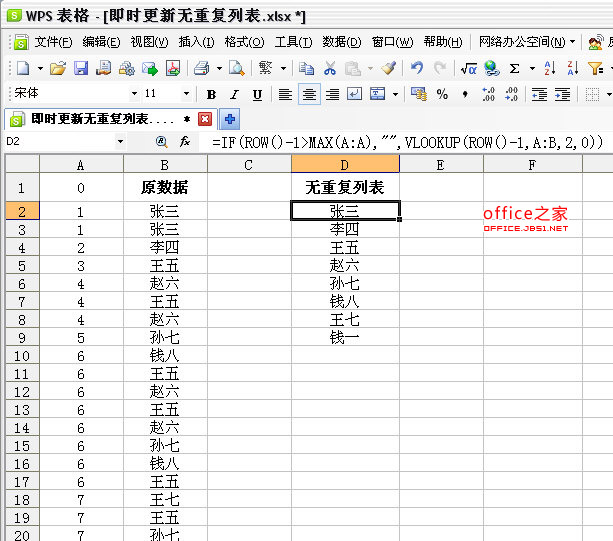 WPS表格自动提取无重复项